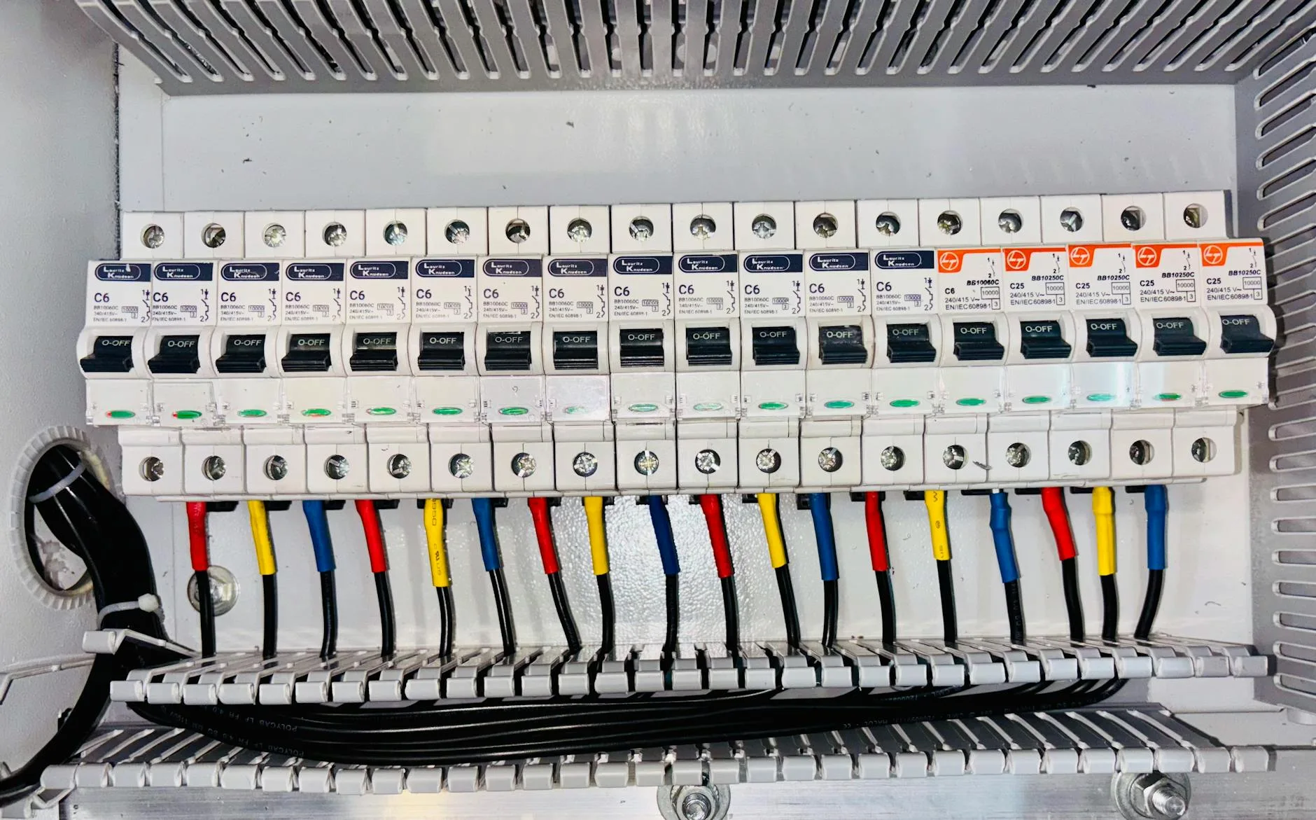 electrical circuit breaker panel with color coded wiring